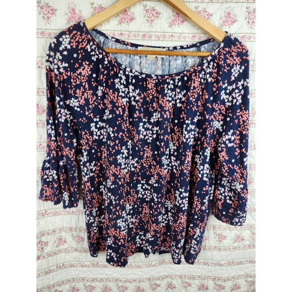 Michael‎ Kors Floral Blouse 3/4 Bell Sleeve Top Navy Coral White Size L - Picture 1 of 5